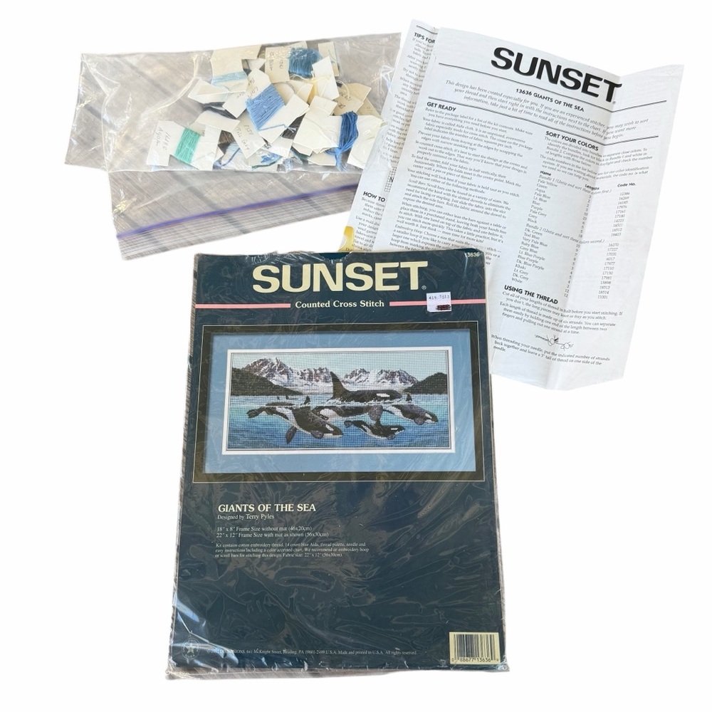 VTG Sunset Giants of the Sea Counted Cross Stitch Kit 13636 Orcas 18x8 OPEN READ
